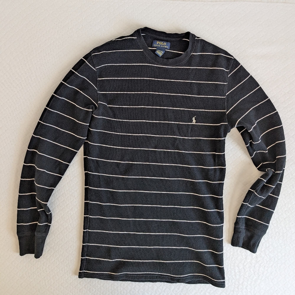 Polo Ralph Lauren Men's Black Stripe Waffle Knit Crewneck Thermal Top, size  L
